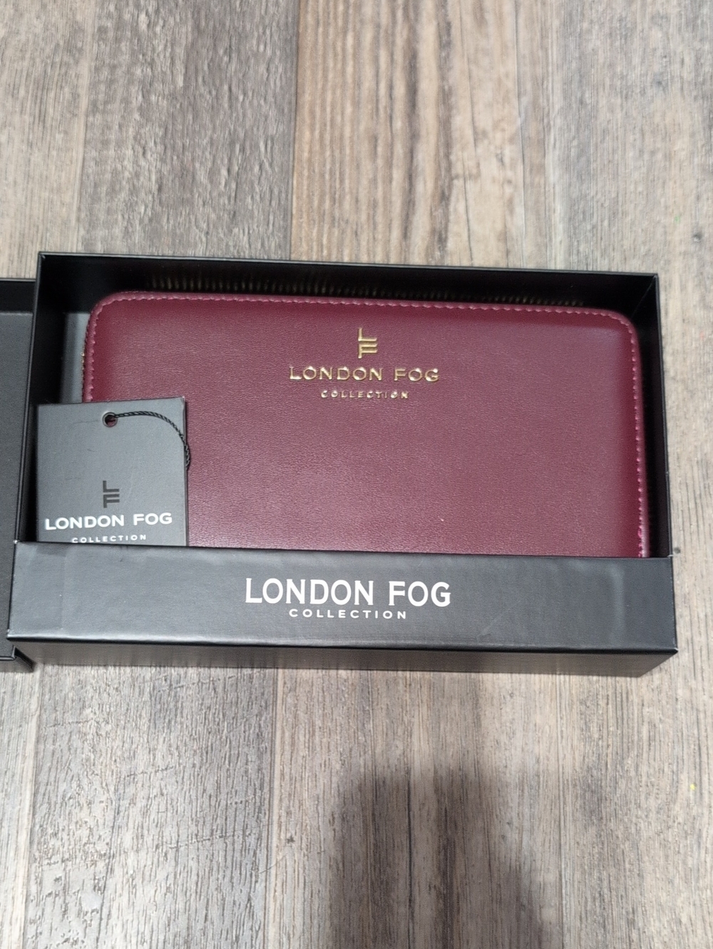 London Fog Burgundy Zip-Around Ester Wallet with Gold Logo